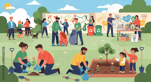 Community gardeners planting flowers and trees together outdoors