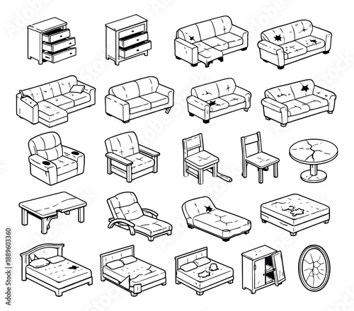 Hand drawn line art damaged furniture set featuring old sofas, beds, chairs, and dressers for abandoned house concepts