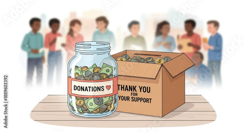 Donation jar and box with diverse people in background.