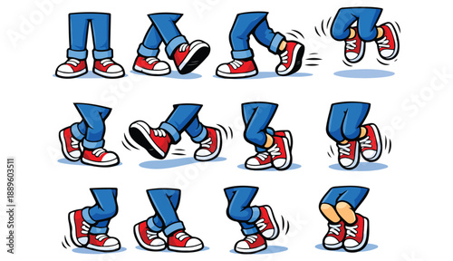  Cartoon legs in shoes. Comic retro feet in different poses, funny character mascot foot in boot, leg standing, walking, running, jumping