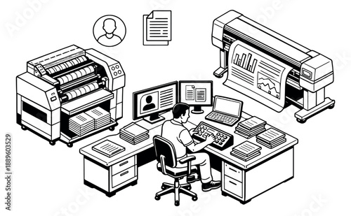 Isometric line art printing production set featuring an office worker, computers, printing machines, and document icons for professional publishing services