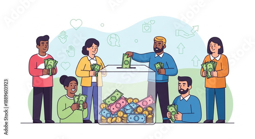 Diverse people donating money to charity fundraising campaign.