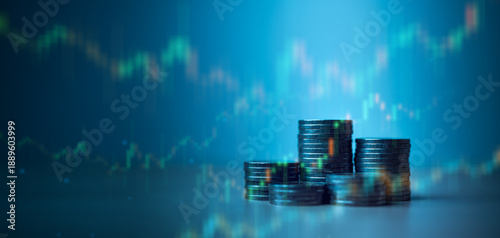 Billede på lærred Stacked coins with financial market chart background representing investment portfolio, stock market performance, interest rates, and returns