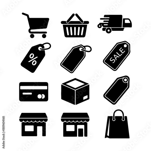 E-commerce icons: shopping cart, basket, truck, tags, credit card, box, store, bag