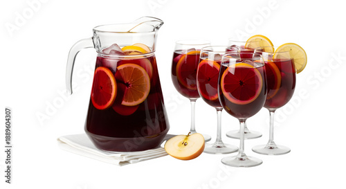 Sangria pitcher and glasses with oranges