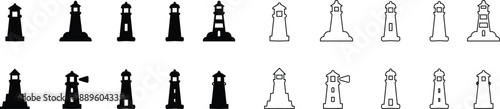 Lighthouse icon set, representing coastal navigation and maritime safety. nautical shore base coastal Ideal for sea travel, coastal design, tourism branding, apps, web interfaces, and infographics.