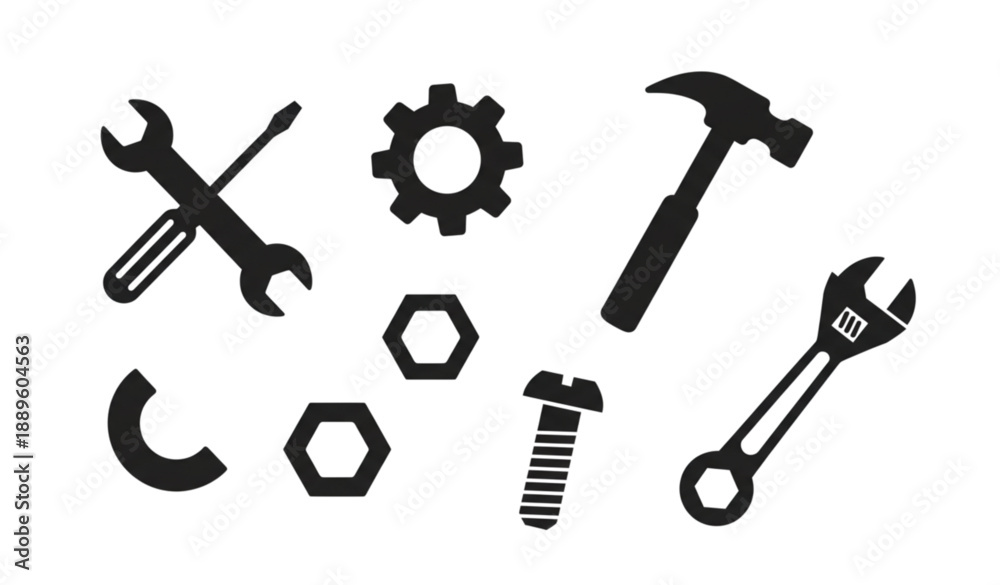 Fototapeta premium Flat Repair and Maintenance Tool Silhouette Icons Collection for Engineering and Service Design