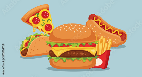 Delicious Fast Food Feast - Burger, Pizza, Hot Dog, Taco, and Fries.