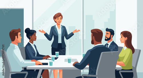 Businesswoman leading a corporate team meeting in an office conference room.