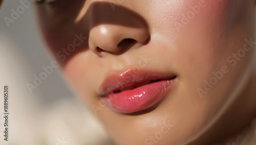 Closeup of a woman with glossy pink lips smooth skin and soft lighting highlighting her facial features naturally transparent background