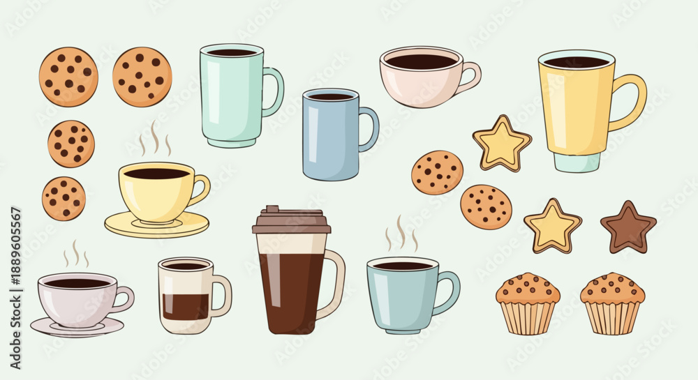 Obraz premium Coffee and Treats Collection - Mugs, Cookies, and Cupcakes.