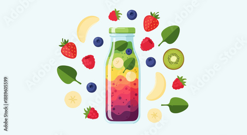 Colorful layered fruit smoothie in a glass bottle surrounded by fresh fruits and leaves.