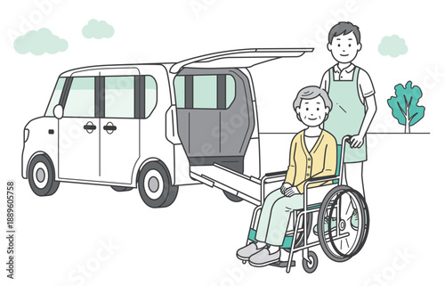 介護施設に送迎される高齢女性と男性介護士と福祉車両のイラスト