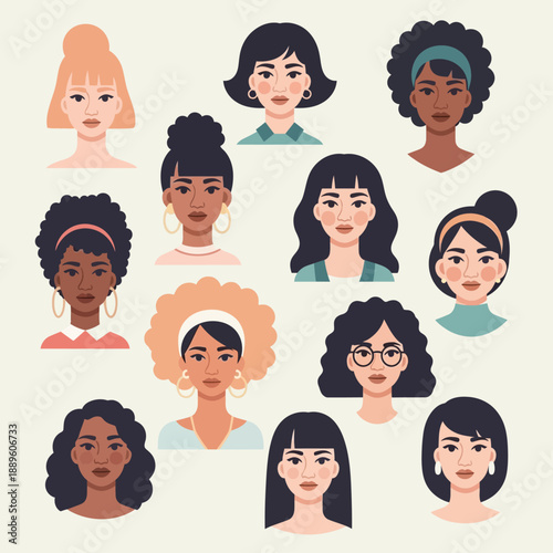 Diverse group of women from various ethnic backgrounds gathered together in a flat illustration style