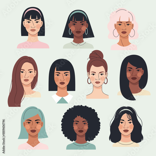 Diverse group of women faces illustration showcasing various hairstyles and ethnicities in a modern digital art style