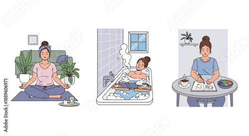 Woman practicing self care with yoga meditation relaxing bath and creative drawing activity at home for wellness and stress relief lifestyle
