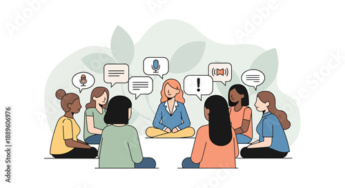 Diverse group of people sitting in a circle sharing ideas and communicating with speech bubbles above their heads representing teamwork and