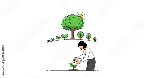 Person plants sapling below mature tree line showing growth stages with sun overhead symbolizing development and future potential