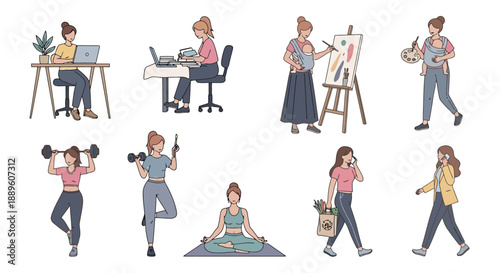 Modern Woman Versatile Lifestyle Diverse Daily Activities Representing Career Hobbies Wellness and Personal Care Through Daily Routines