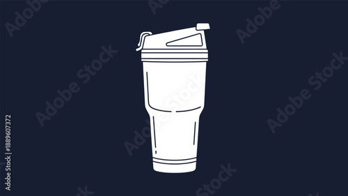 Minimalist white outline icon of a reusable travel coffee or protein shaker bottle on dark navy blue background.