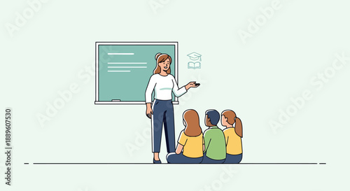 Teacher instructing young students gathered around lesson board educating learning knowledge concept in classroom environment development growth