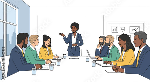 Diverse group of professionals participate in a business meeting led by a female executive presenting ideas to colleagues around a conference table