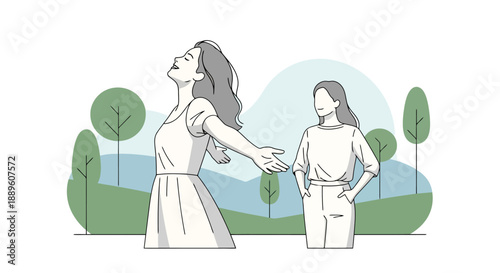 Two women enjoying outdoor nature scene woman with arms outstretched toward sky while other woman looks on peacefully and calmly in green landscape