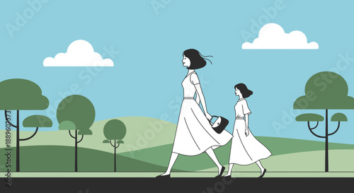 Outdoor Scene of Two People Walking Together on a Path Beside Trees Under a Cloudy Sky