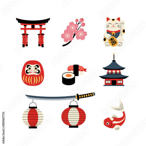 Collection of Japanese cultural icons including torii gate, cherry blossoms, maneki neko, and traditional elements