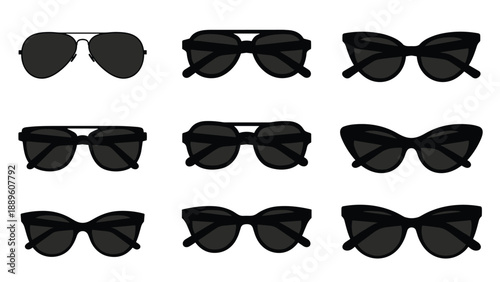 Set of nine different sunglasses silhouettes in various styles and shapes including aviator and cat-eye for fashion and summer themes.