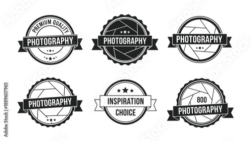 Collection of six black and white photography badges features camera shutter icons and text ribbons for professional branding designs.