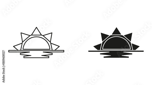 Sunset over water simple line art illustration