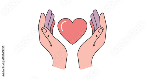 Two cartoonish pink hands cradling bright red heart as symbol of love care protection centered in digital artwork style