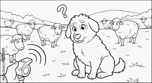 Children's coloring book - The fluffy shepherd looks at the whistle with a confused look