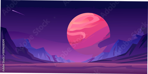 A large pink and red egg hovers over a purple landscape with mountains