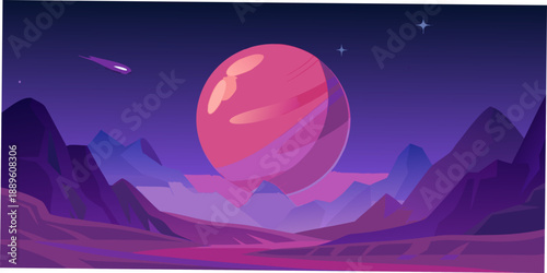 A large pink egg rests amidst purple mountains under a starry night sky