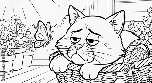 Children's coloring book - Cat looking sadly at butterfly while resting in a basket outdoors  