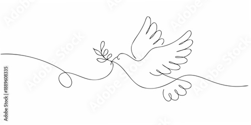 A continuous line drawing depicting a dove carrying an olive branch