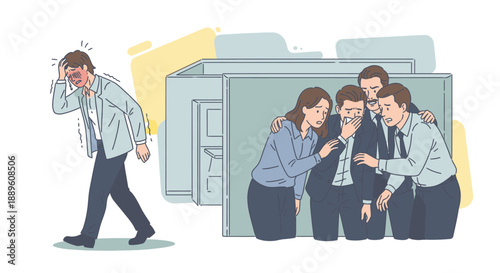 A person suffering from immense workplace stress and burnout walks away, as empathetic colleagues comfort another emotionally struggling team member.