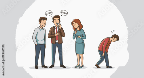 An illustration showing a sad, excluded individual while a group of people gossips and whispers, emphasizing social isolation and workplace bullying.