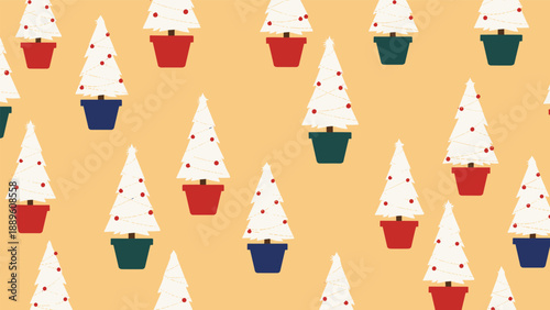 Whimsical seamless pattern features small white Christmas trees decorated with red berries and placed in red, blue, and green pots.
