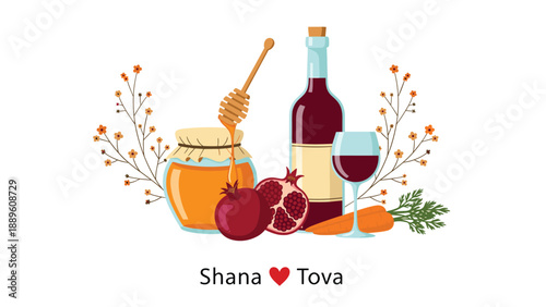 Traditional Rosh Hashanah symbols including honey, pomegranate, wine, and carrots are arranged with festive Shana Tova greetings.