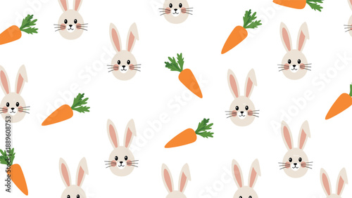 Cute Easter themed seamless pattern displays adorable bunny heads and bright orange carrots scattered across a clean white background.