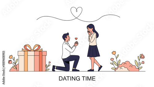 Romantic marriage proposal scene with a man kneeling down to give an engagement ring to his girlfriend near a huge gift box.