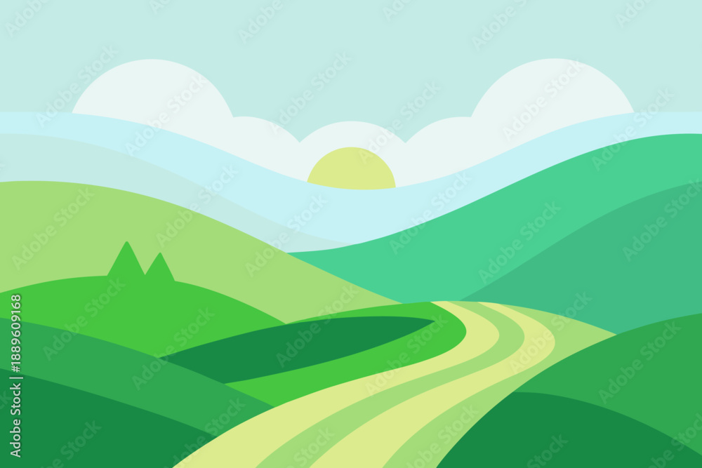 Fototapeta premium AI Guided Green Hills Landscape Flat Vector Illustration