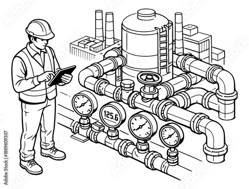 Line art illustration of an industrial engineer depicting monitoring a factory pipeline system with a tablet for industrial engineering operations