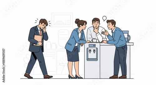An illustration showing a stressed businessman walking away from gossiping colleagues gathered around the office water cooler, highlighting workplace exclusion and communication issues.