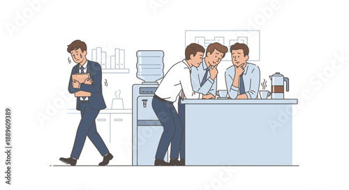 A visibly distressed businessman walks past colleagues whispering near the office water cooler, highlighting themes of workplace gossip and social exclusion.