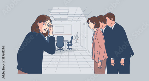 A stressed businesswoman experiences emotional distress and isolation in a challenging office environment, facing potential workplace conflict.