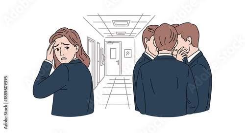 A distressed woman in an office hallway feels isolated and anxious as male colleagues whisper, depicting the painful reality of bullying.